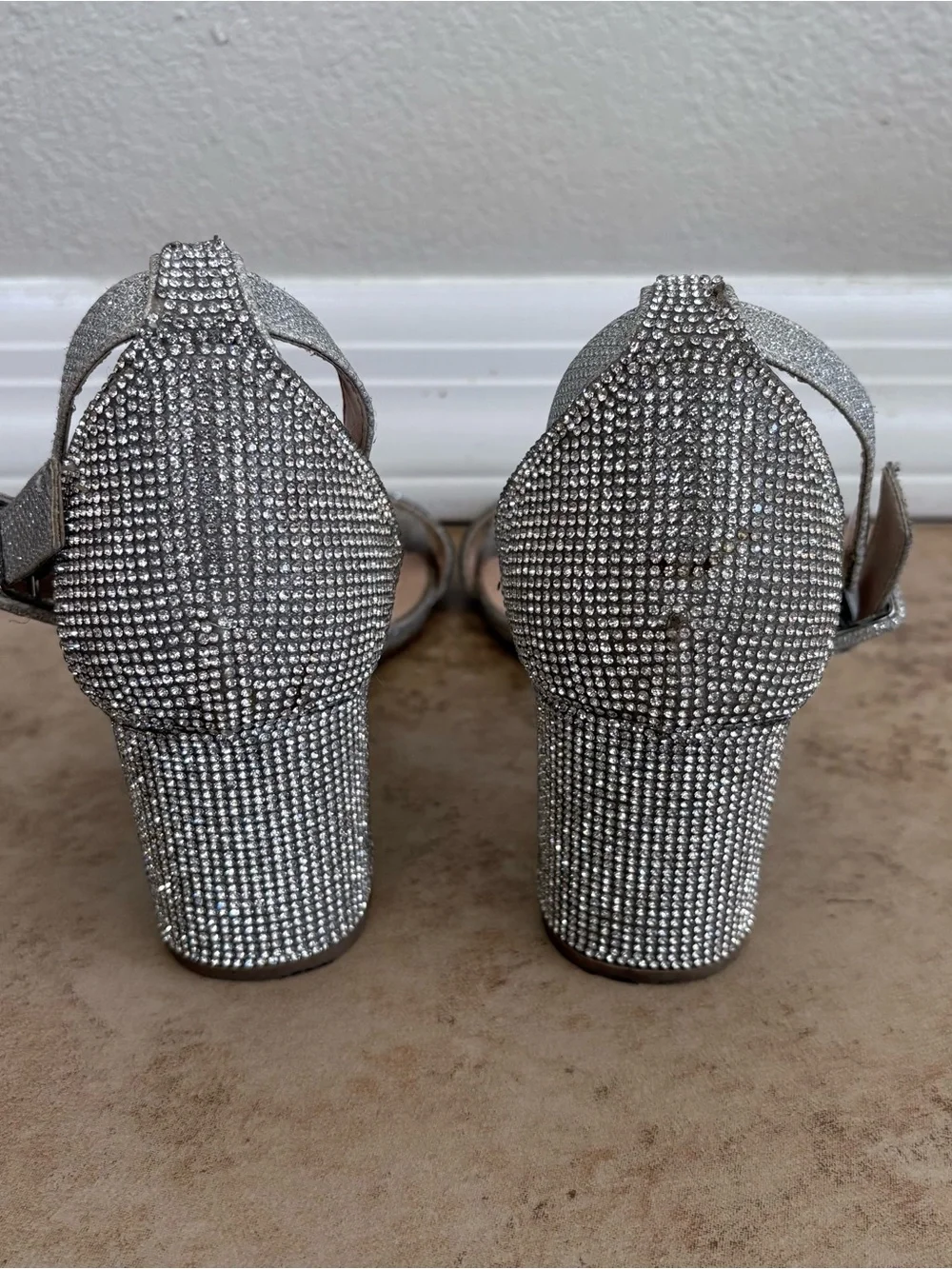 Silver Embellished Ankle-Strap Block Heel Sandals - Women